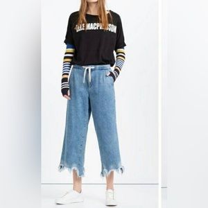 ZARA Limited Edition Y2K Light Blue Frayed Mid Calf Wide Leg Cropped Denim